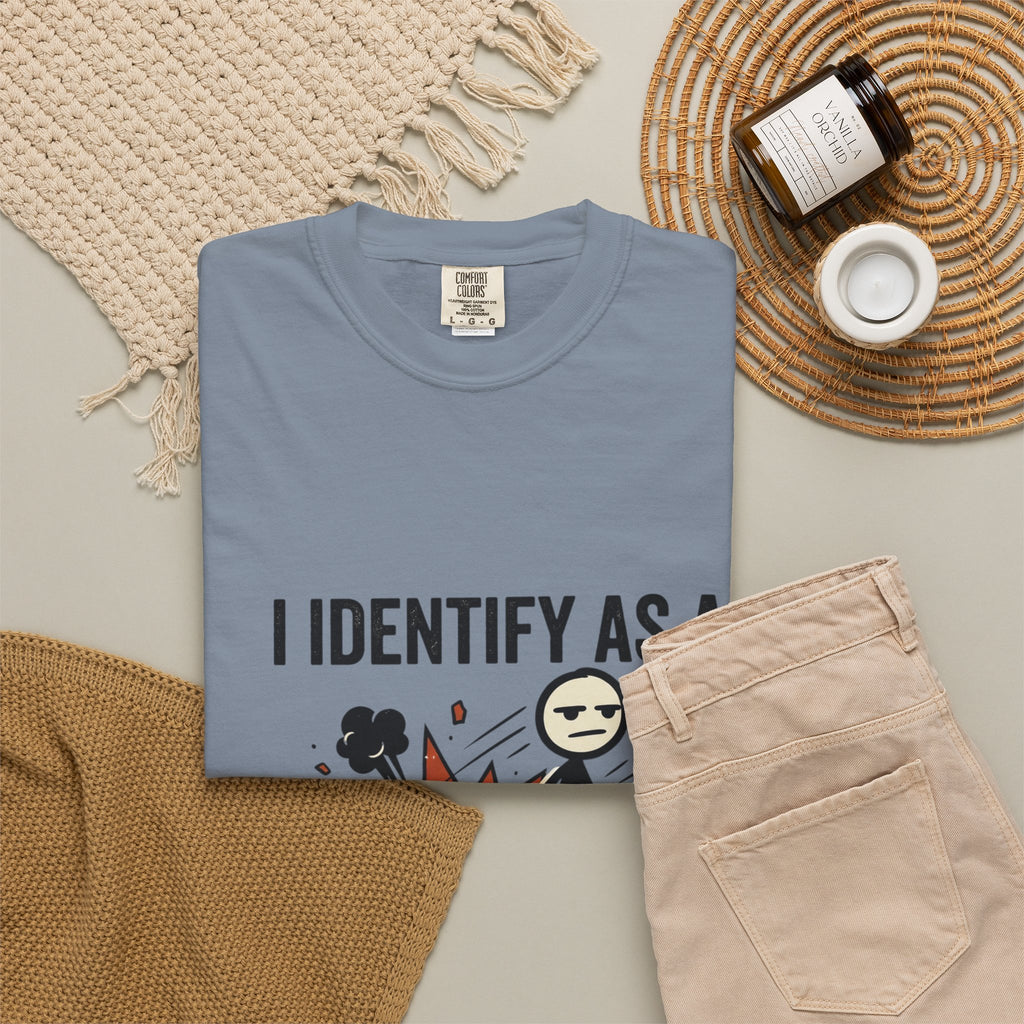 I Identify As A Problem T-Shirt — Funny Stick Figure Explosion Tee