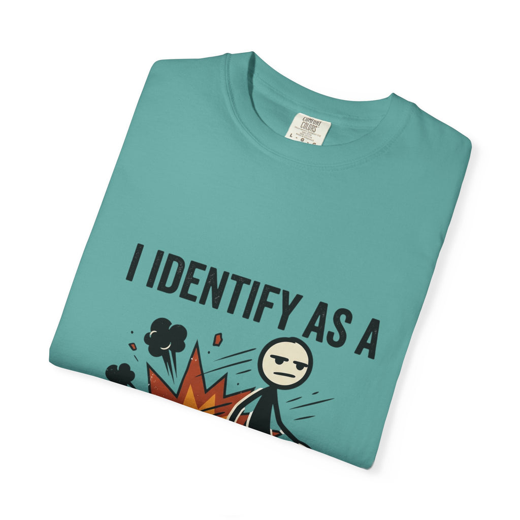 I Identify As A Problem T-Shirt — Funny Stick Figure Explosion Tee