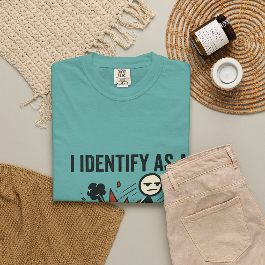 I Identify As A Problem T-Shirt — Funny Stick Figure Explosion Tee