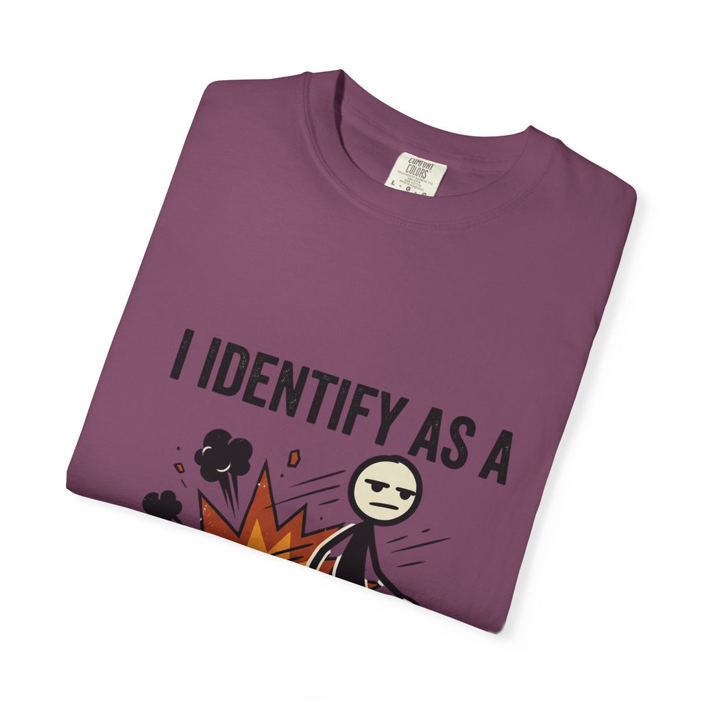 I Identify As A Problem T-Shirt — Funny Stick Figure Explosion Tee