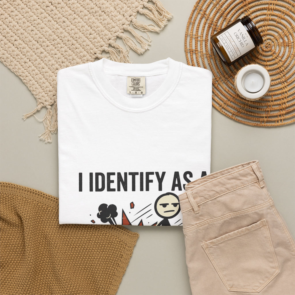 I Identify As A Problem T-Shirt — Funny Stick Figure Explosion Tee
