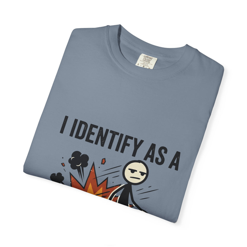 I Identify As A Problem T-Shirt — Funny Stick Figure Explosion Tee
